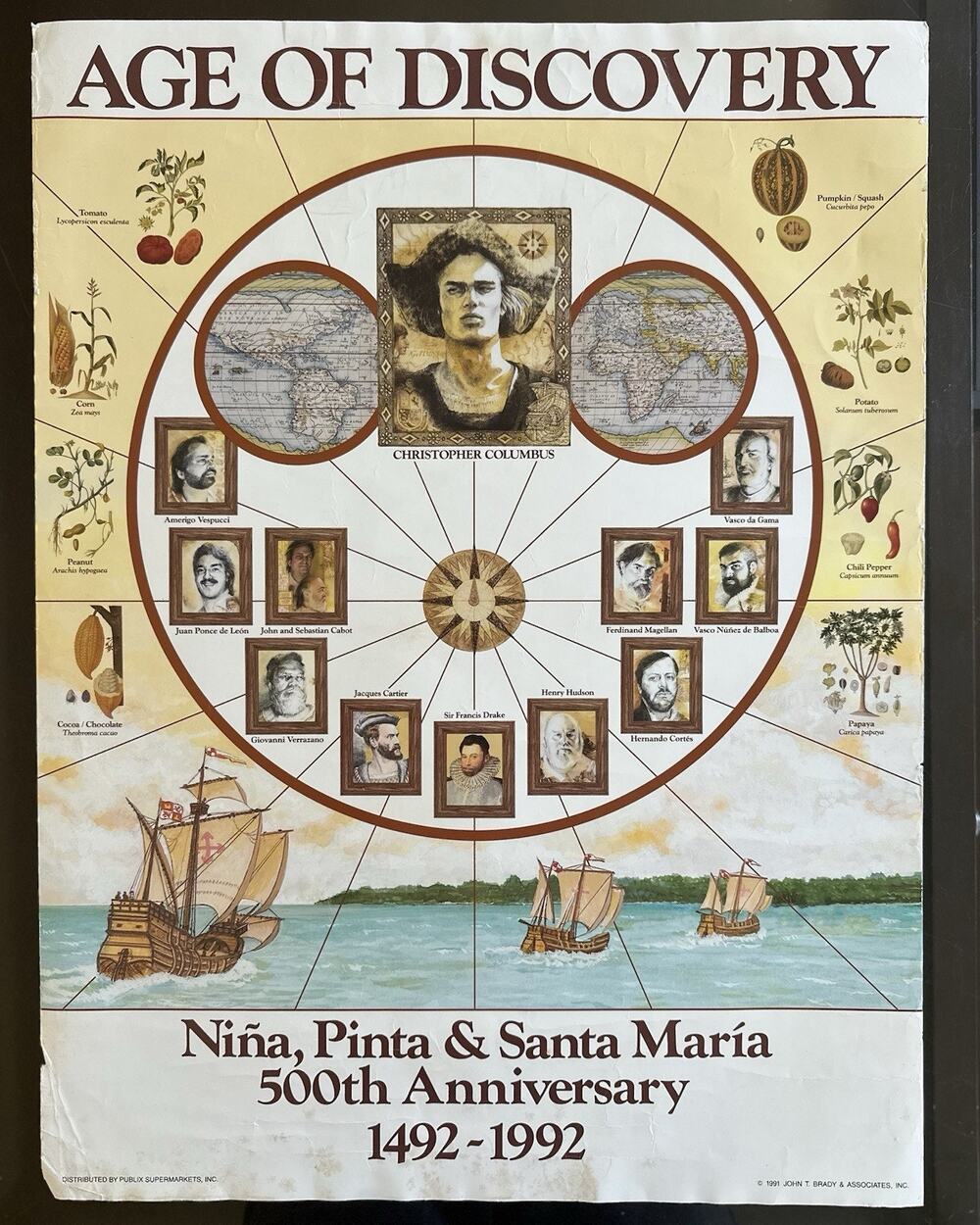 1991 Age of Discovery Columbus 500th Anniversary 1492-1992 Publix Poster 19x25